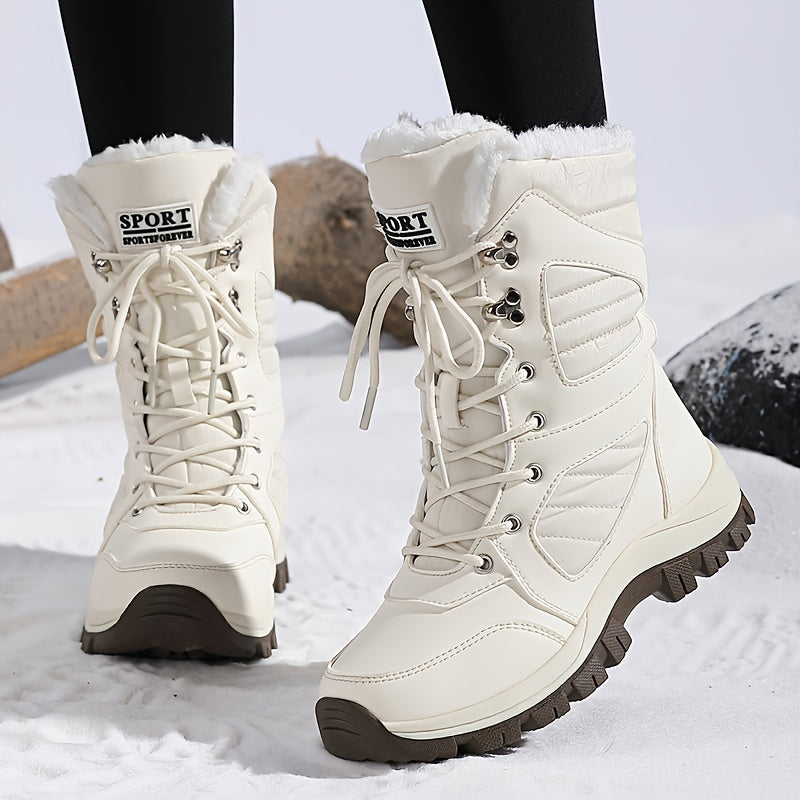 Cream lace up boots with black leggings standing in snow
