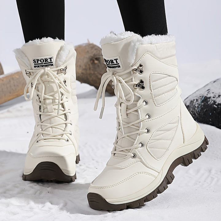 Cream lace up boots with black leggings standing in snow