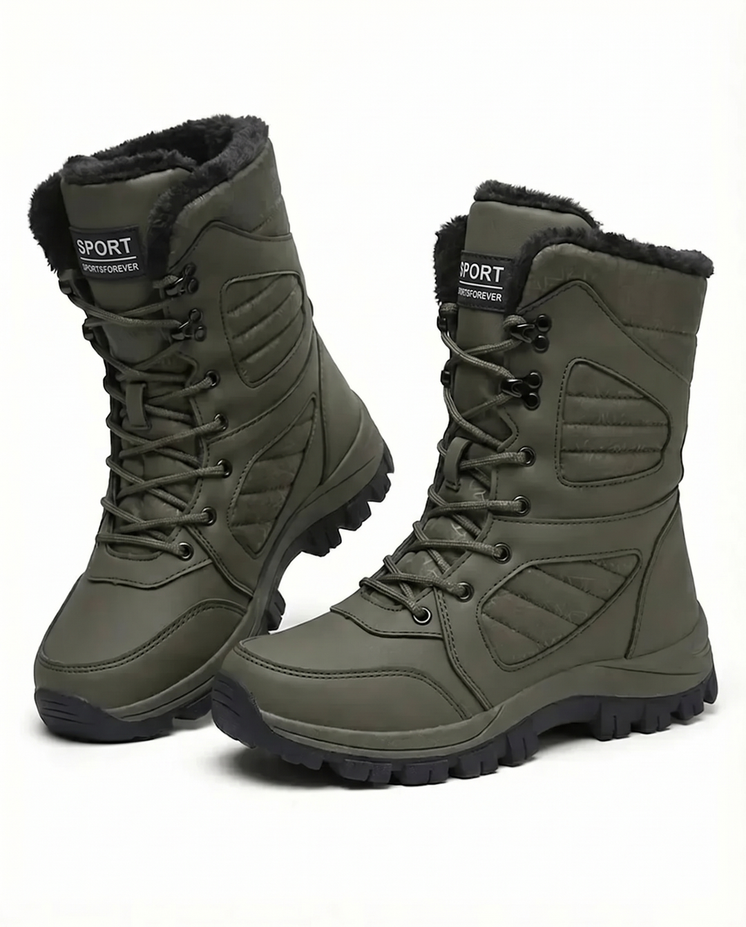 Olive green lace up boots with a rugged lug sole, pair view