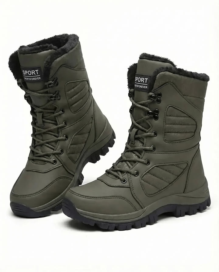 Olive green lace up boots with a rugged lug sole, pair view