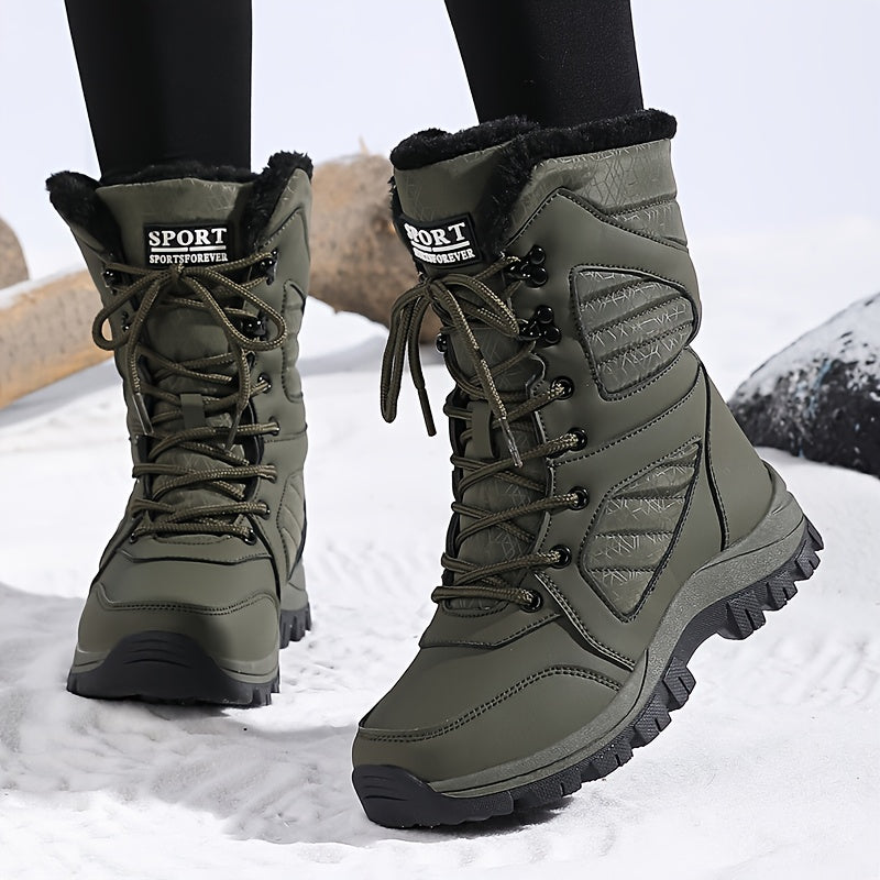 Olive boots with lug sole worn with black leggings in the snow