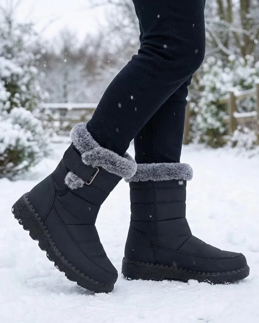 Walking in black quilted boots through fresh snow with dark jeans