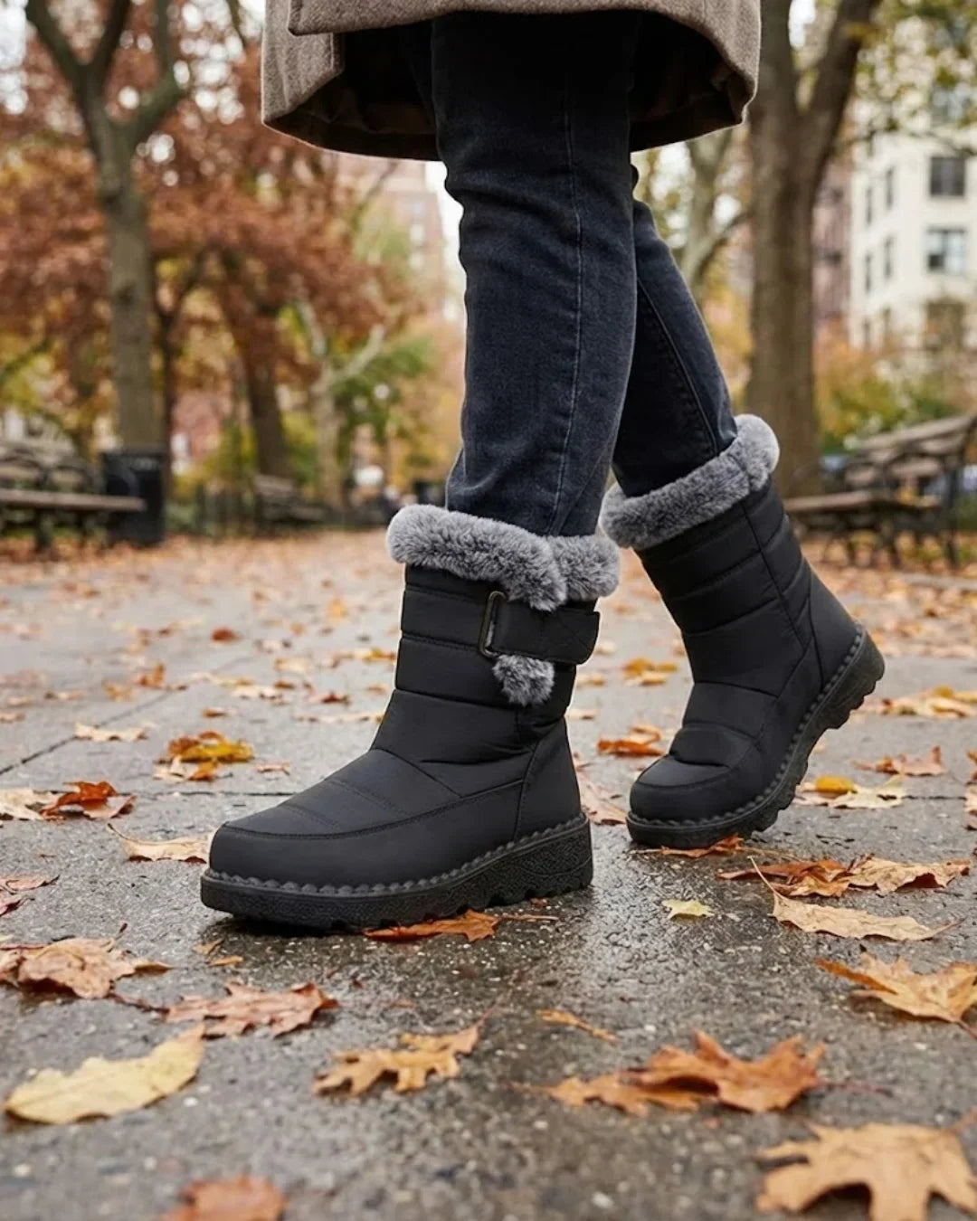 Black faux fur cuff boots worn on a rainy path covered in autumn leaves