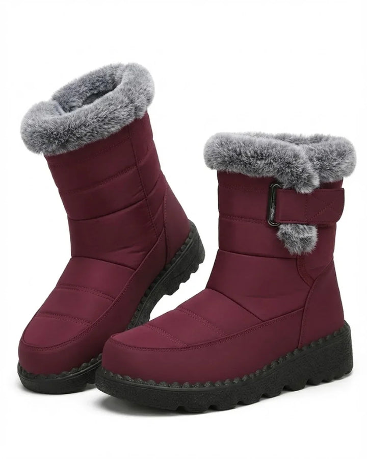Burgundy mid calf boots with quilted shaft and fluffy faux fur cuff