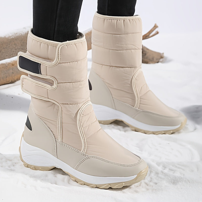 Beige mid calf quilted boots with straps on a snowy log background