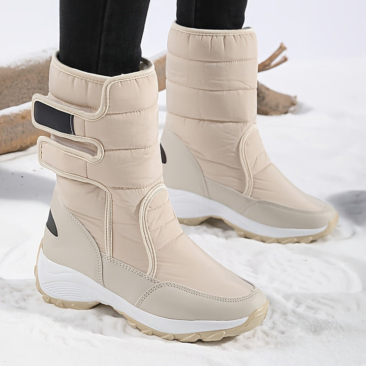 Beige mid calf quilted boots with straps on a snowy log background