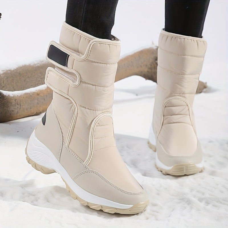 Beige quilted mid calf boots with double straps worn on snow