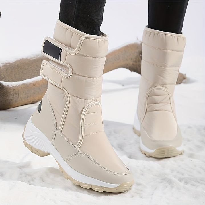 Beige quilted mid calf boots with double straps worn on snow