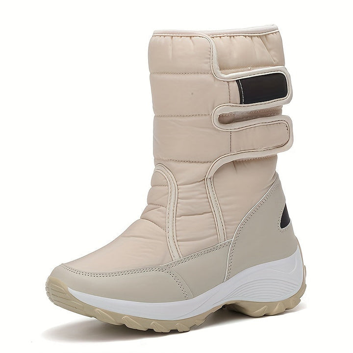 Beige quilted mid calf boot with double hook and loop straps