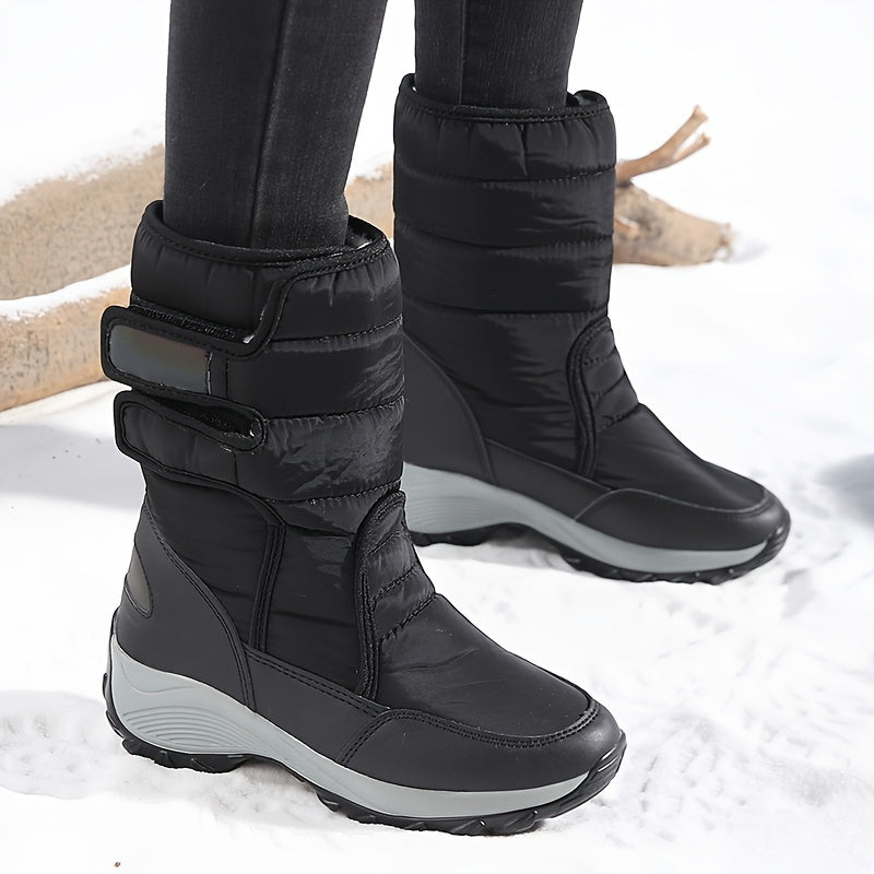 Black quilted mid calf boots worn with dark leggings in the snow