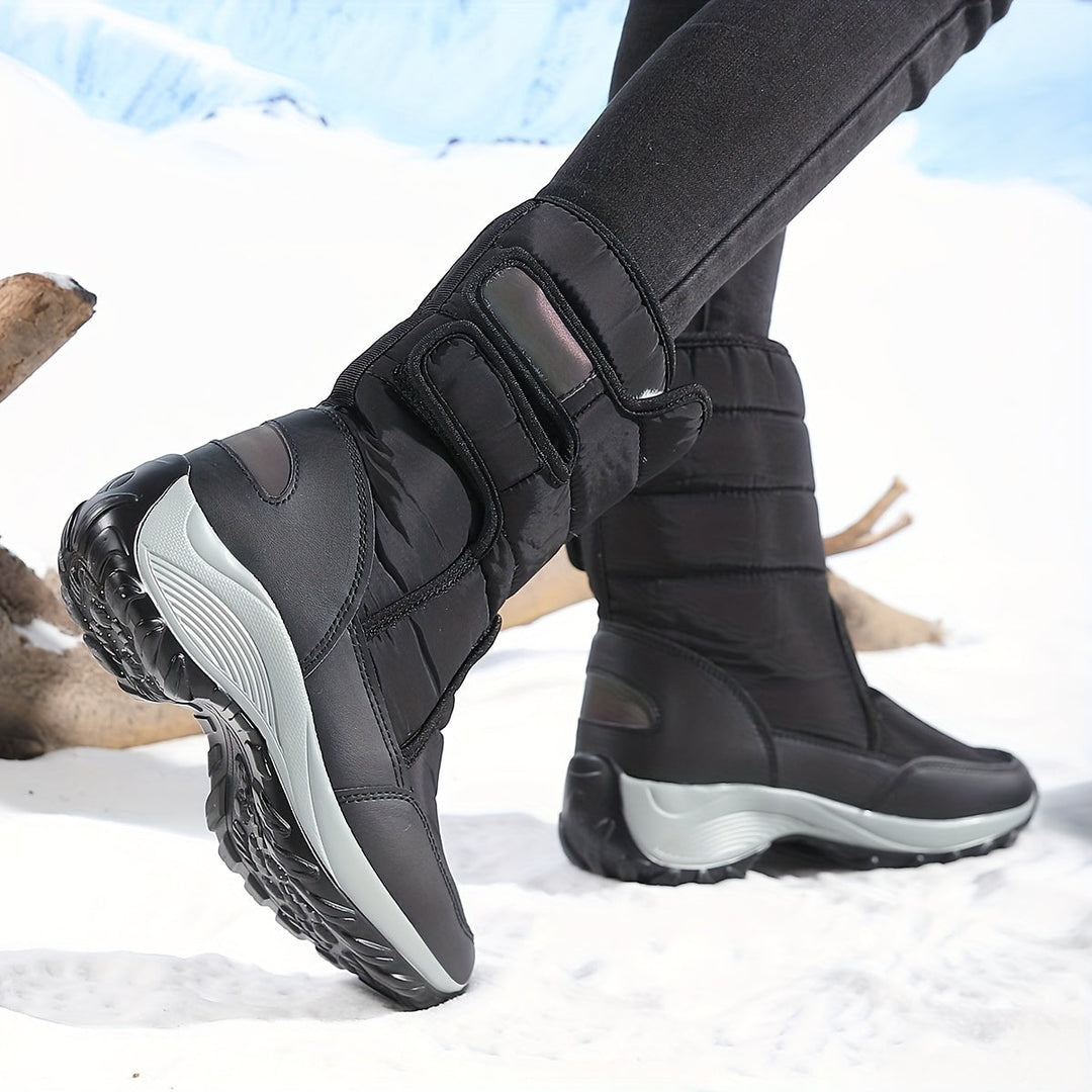 Side angle of black double strap mid calf boots with chunky tread