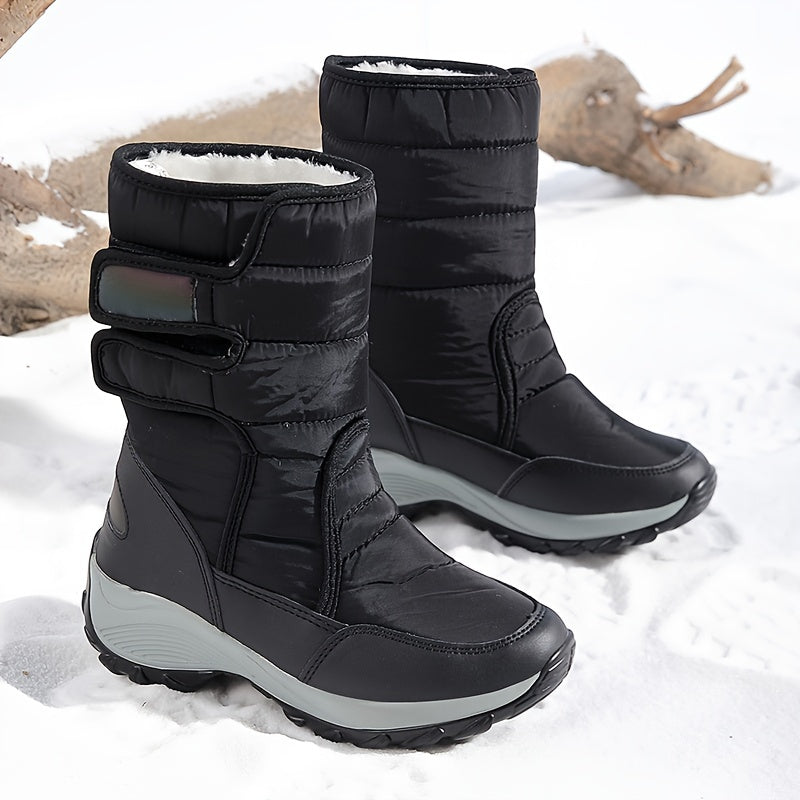 Pair of black mid calf boots with double straps and fleece lining at the top