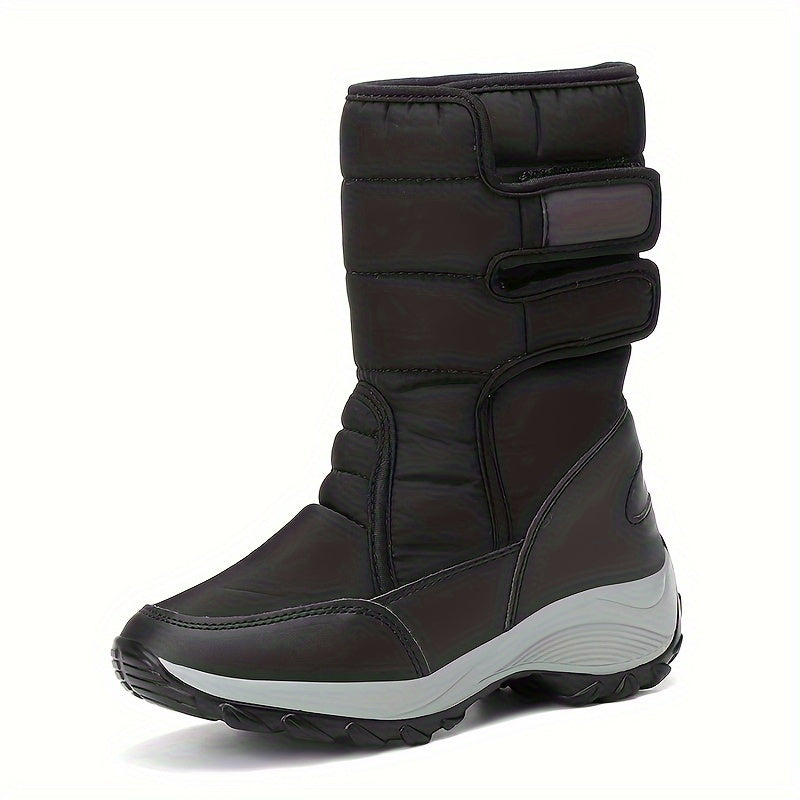 Women's waterproof boots in black, quilted mid calf with double straps, side view