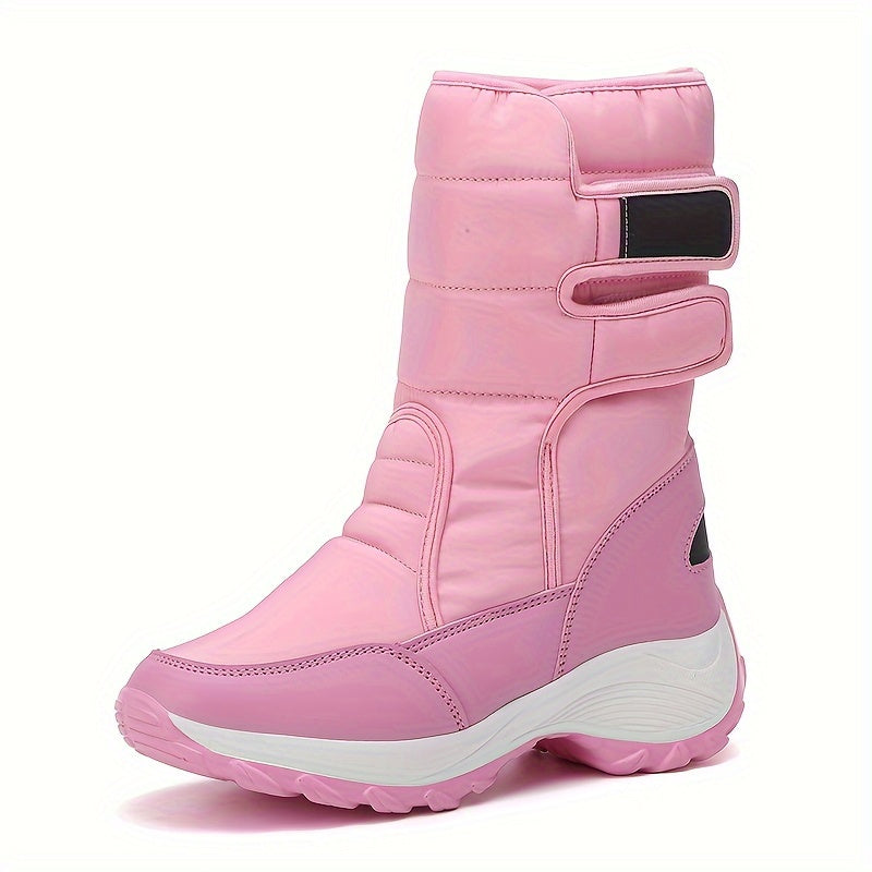 Pink quilted mid calf boot with double straps and chunky white sole