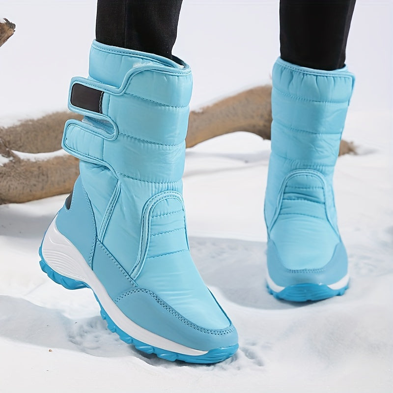 Sky blue quilted mid calf boots with double straps, worn in snow