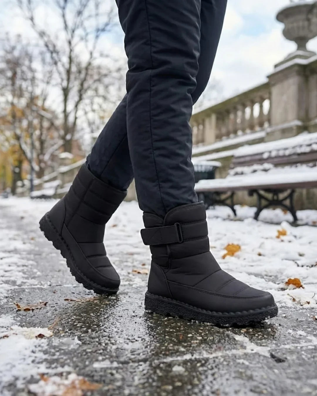 Black pull on boots with wide strap, walking in light snow with dark pants