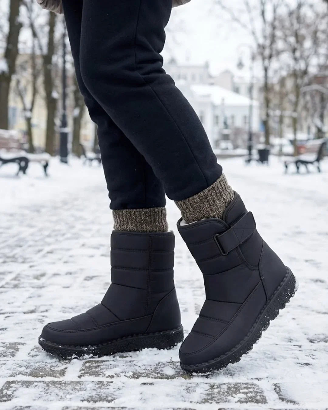Black mid calf boots styled with dark pants and socks on a snowy street