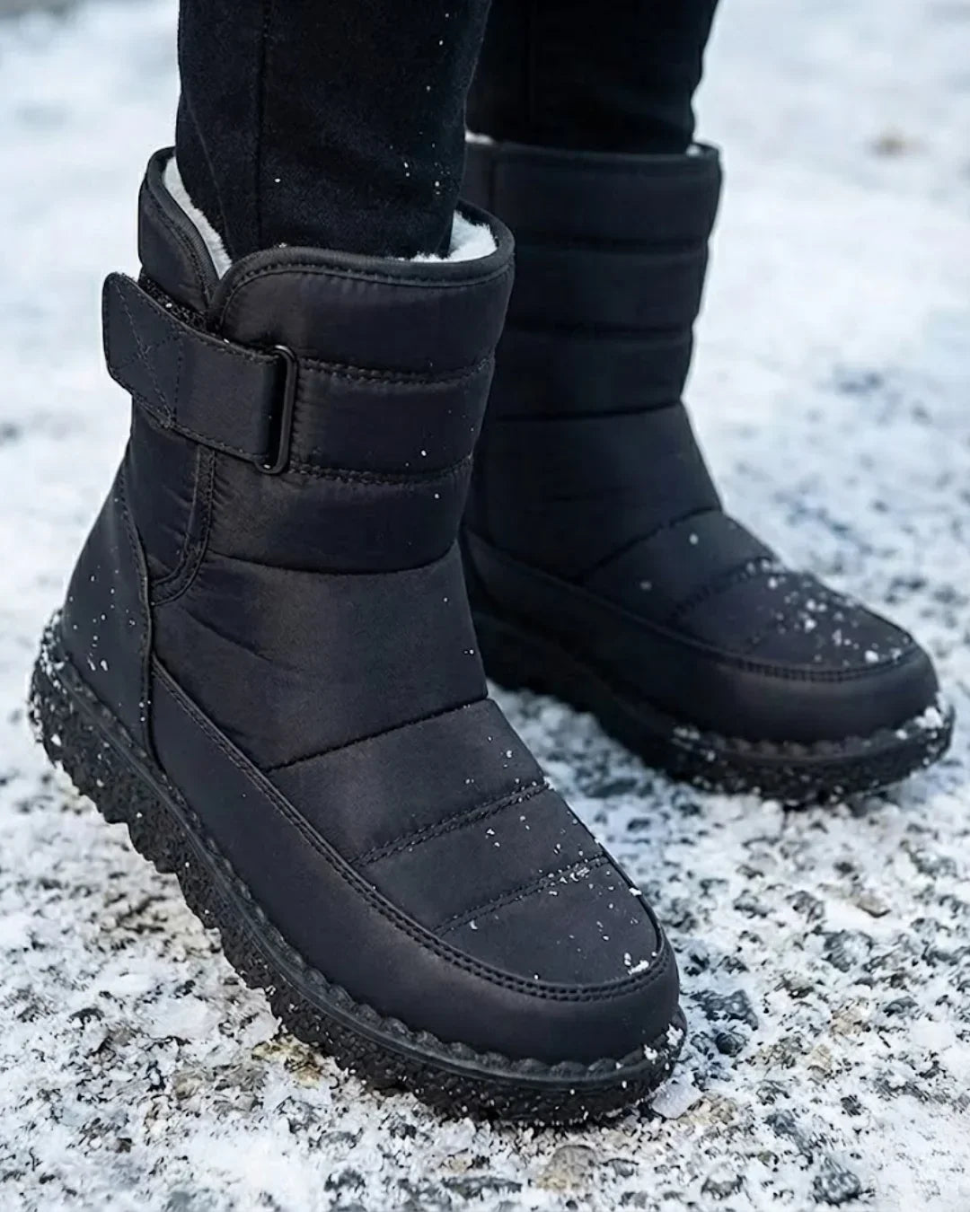 Black quilted mid calf boots worn on a snowy ground, close view
