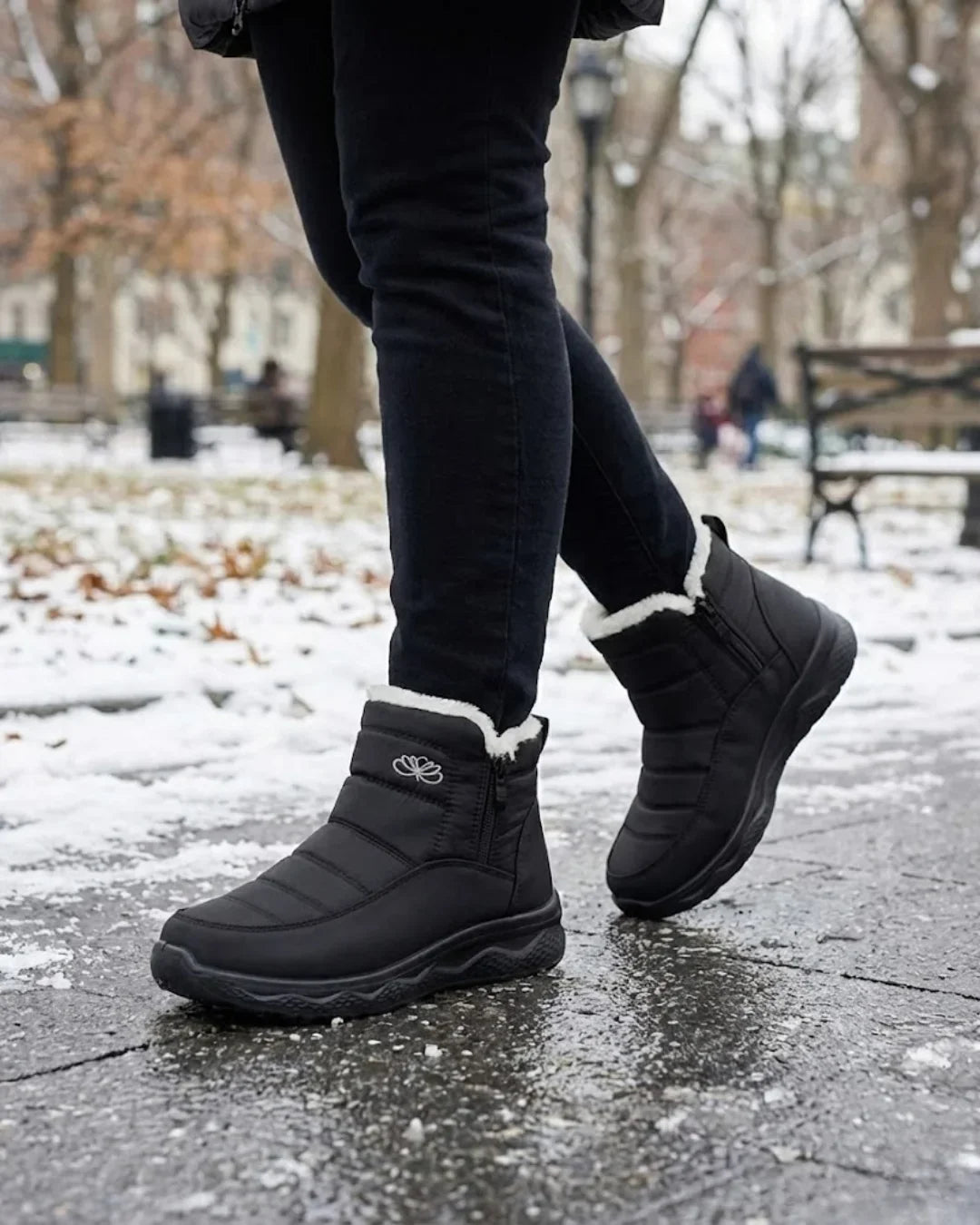 Black teddy collar ankle boots on a wet snowy park path