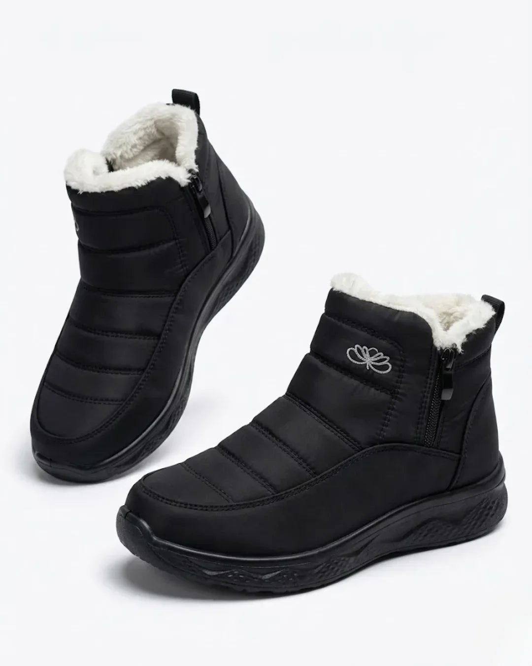 Women's waterproof boots in black, quilted side zip ankle style with teddy collar