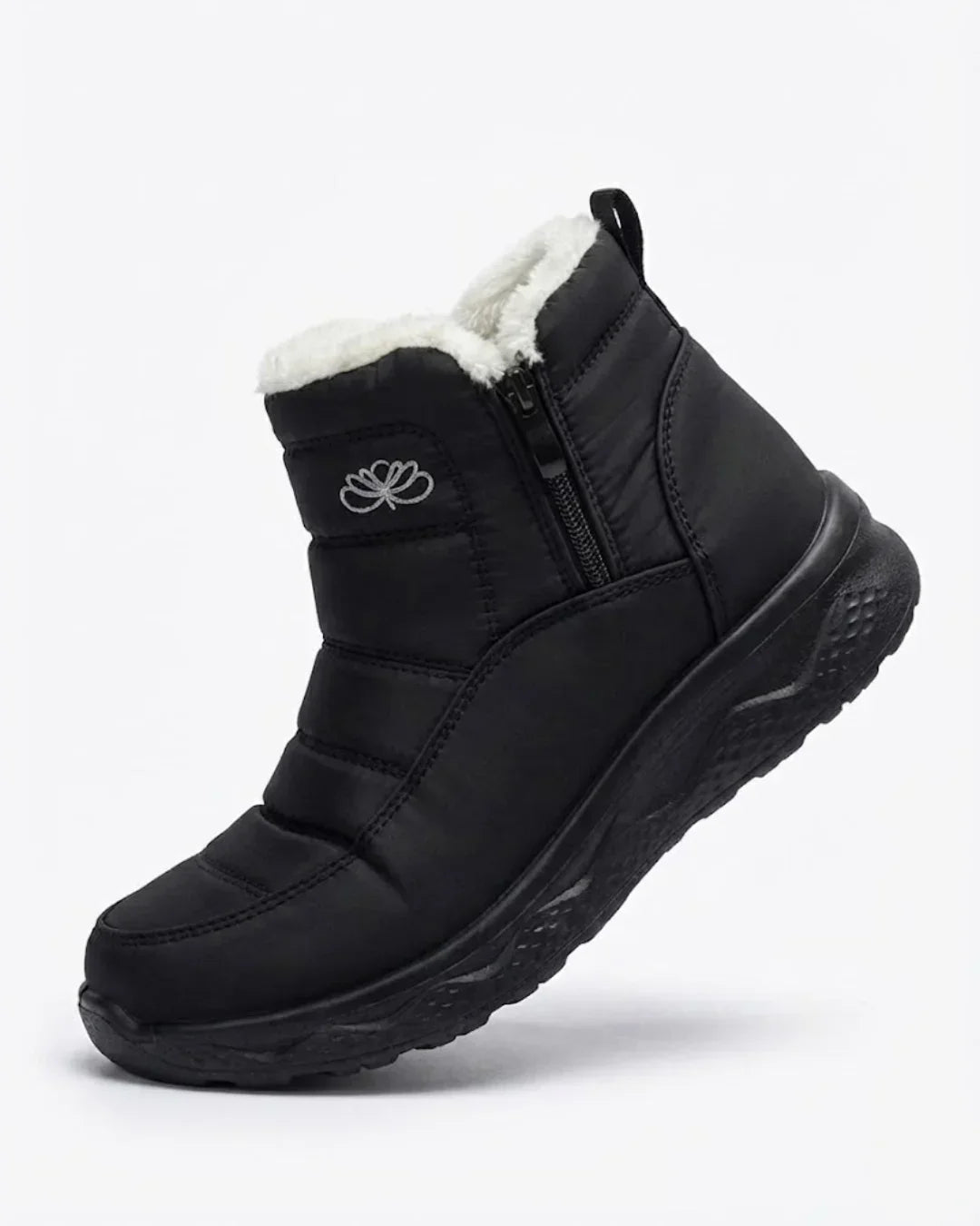 Black quilted ankle boot with side zip and plush collar, angled side view