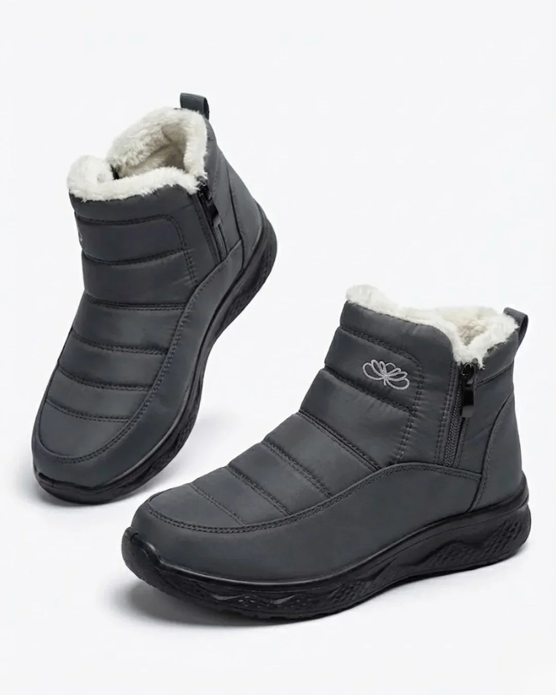 Pair of gray quilted ankle boots with side zip and fleece collar