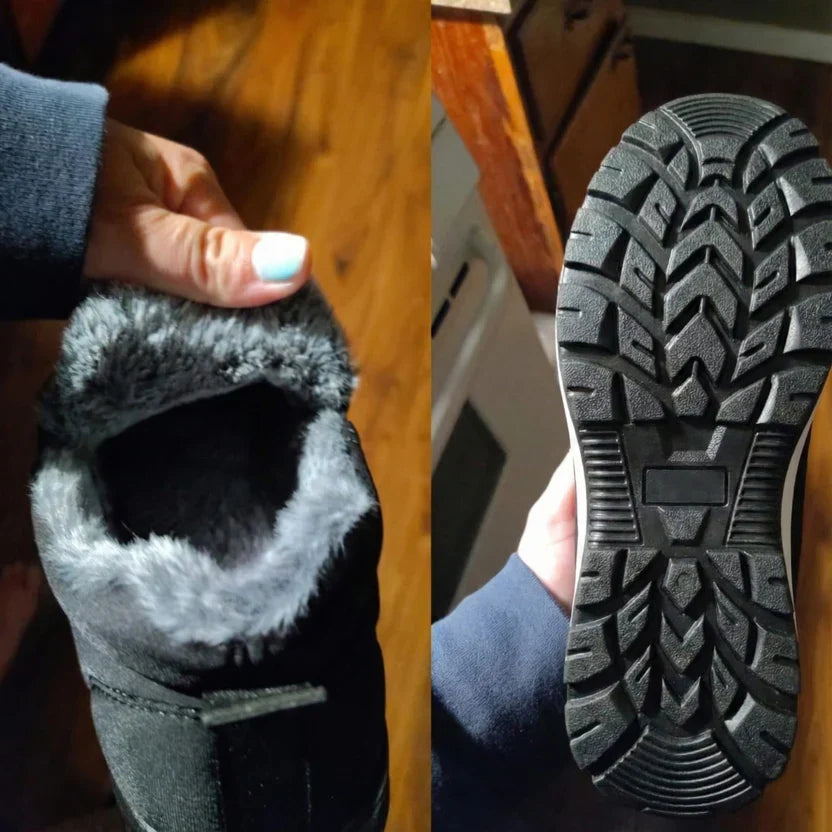 Two close-ups showing the fuzzy boot lining and the black tread sole
