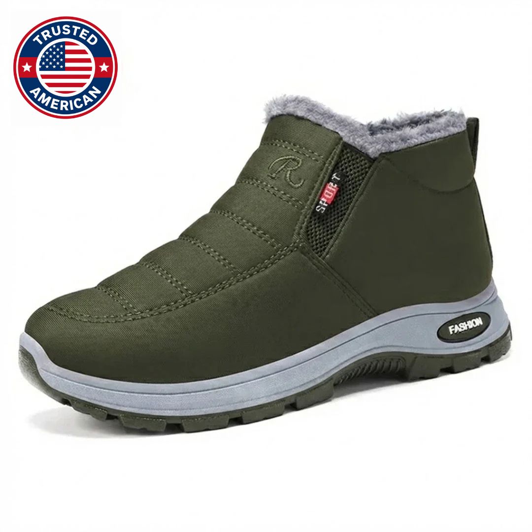 Olive green quilted slip on ankle boot with fuzzy collar and gray sole