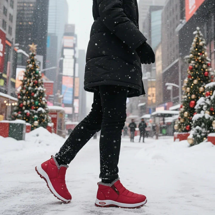 Red ankle boots worn with black pants while walking through a snowy city street