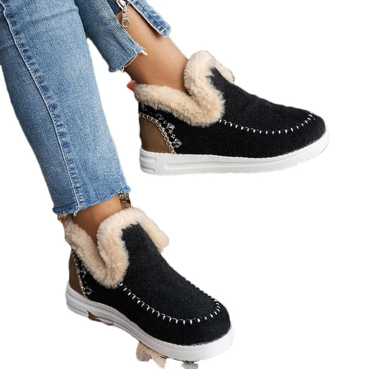 Black stitched ankle boots with faux fur trim shown on a white background