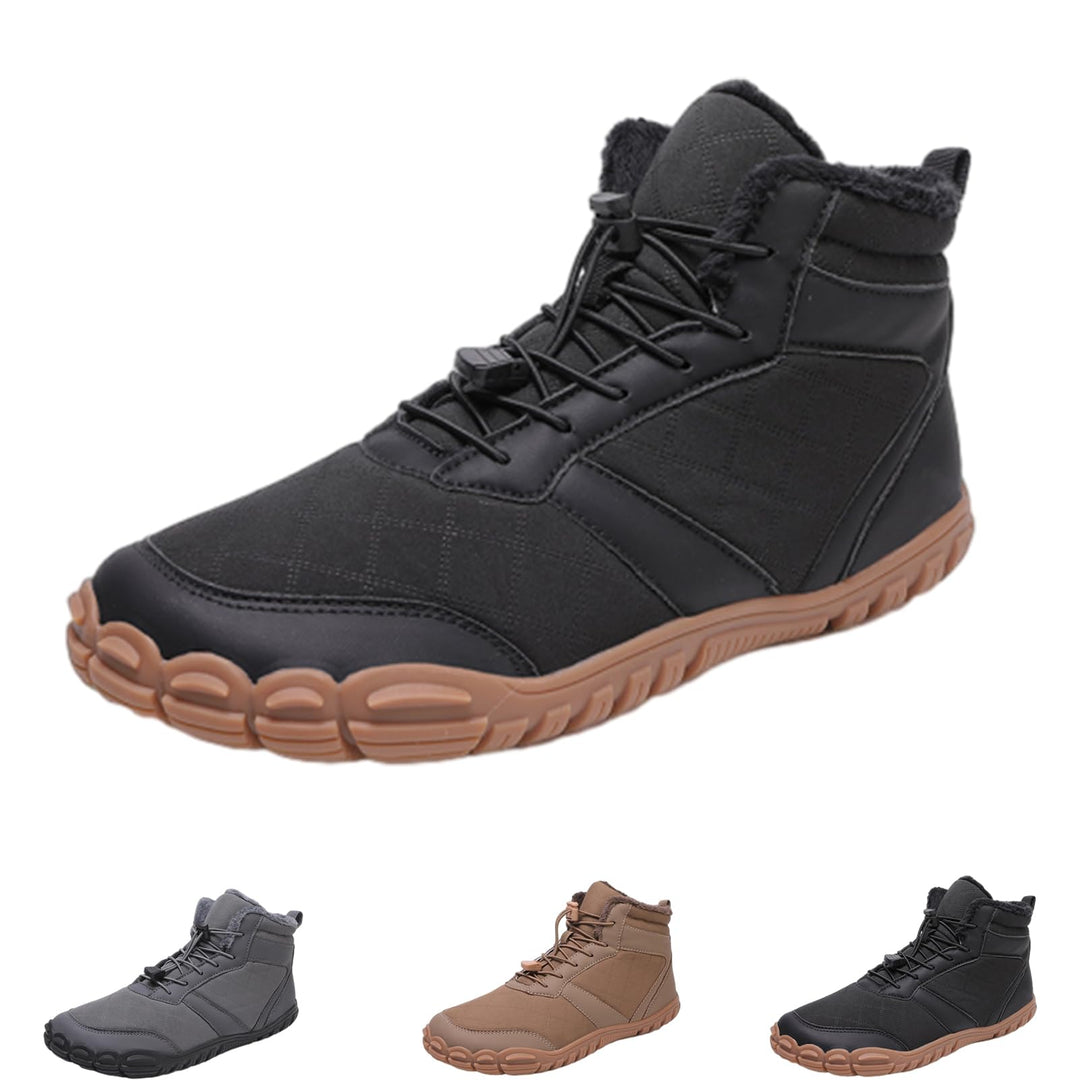 Women's black waterproof boots, wide toe lace up ankle with grip sole, side view
