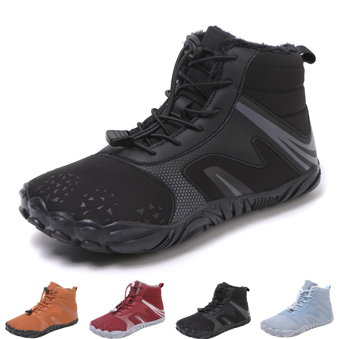 Women's waterproof boots in black, wide toe sporty ankle style with plush collar