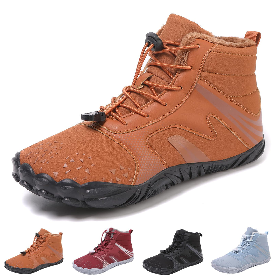Rust brown wide toe ankle boot with bungee laces and plush collar