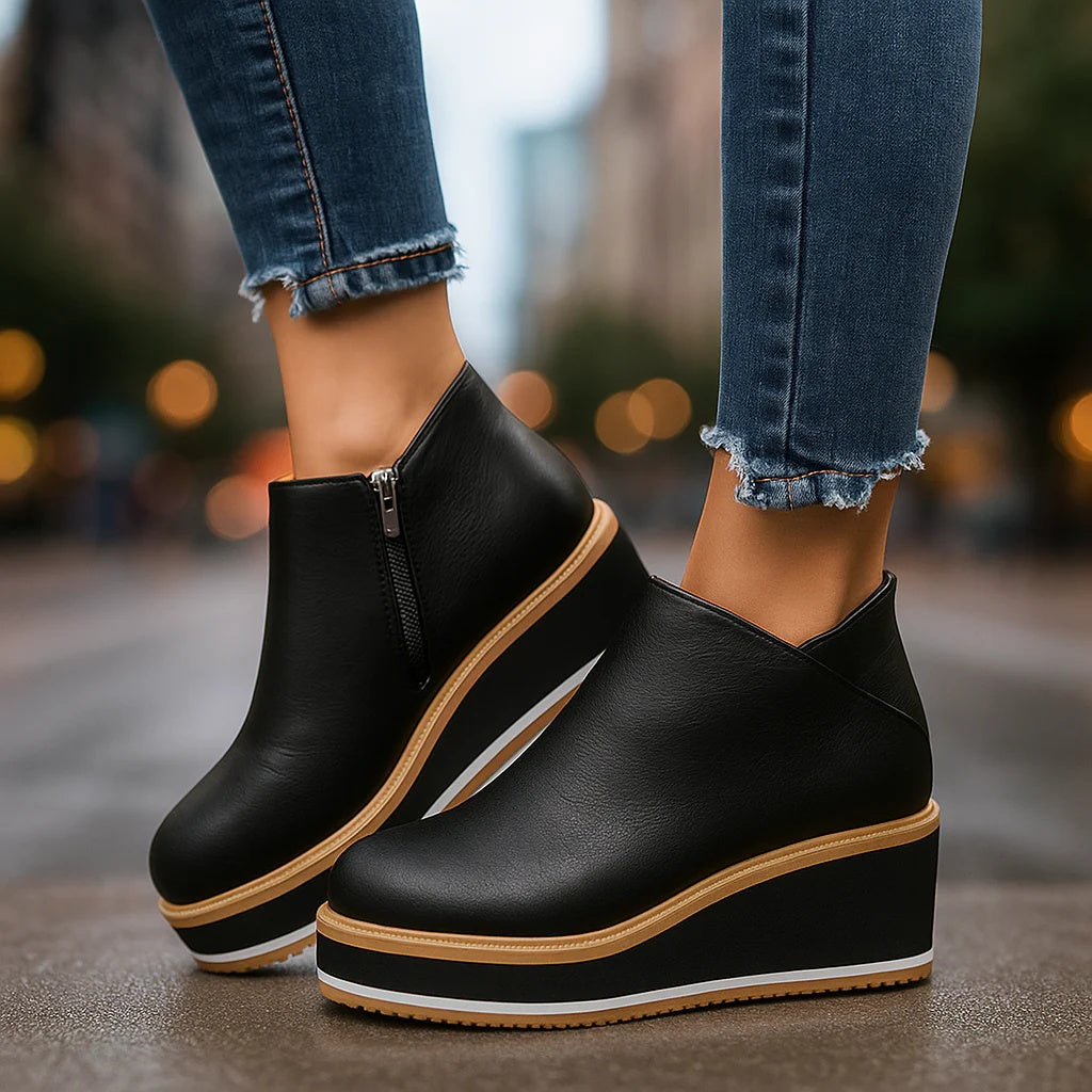 Black platform wedge ankle boots with side zip worn with cuffed jeans on a street