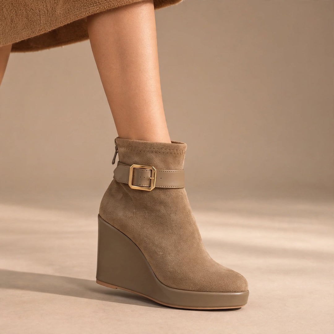 Women's Wedge Booties | Suede Look Ankle Boots with Buckle Strap