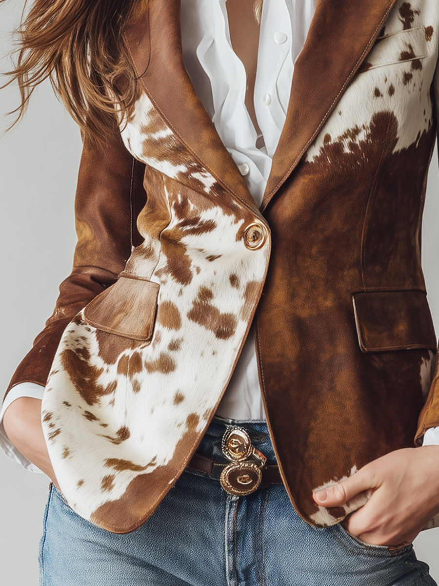 Cow print pocket and button detail on the brown western blazer