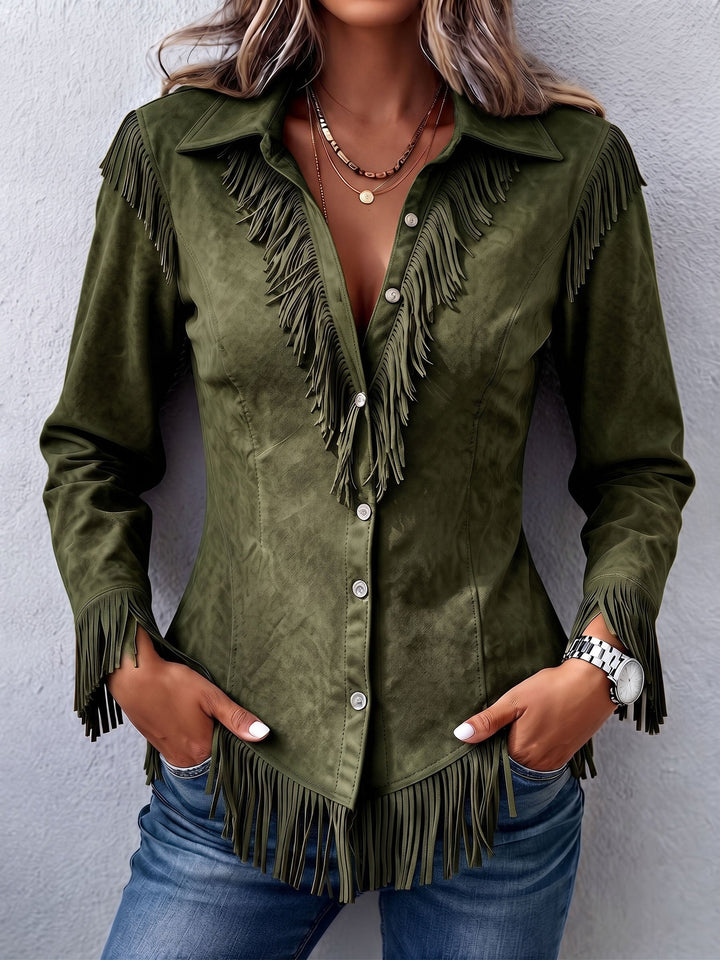 Olive suede-look shirt with metal-tone buttons and long fringe detail