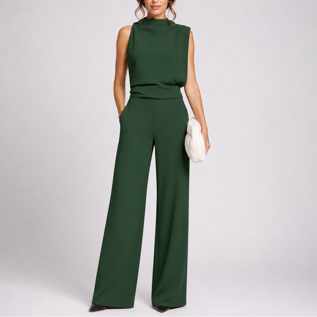 Women's forest green wide leg jumpsuit, full-length view on a model