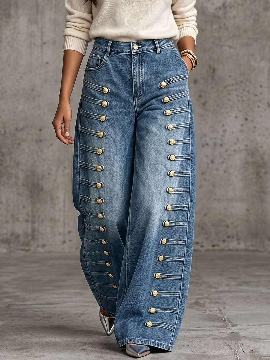 Women's wide leg pants in blue denim-look with military button rows on the front
