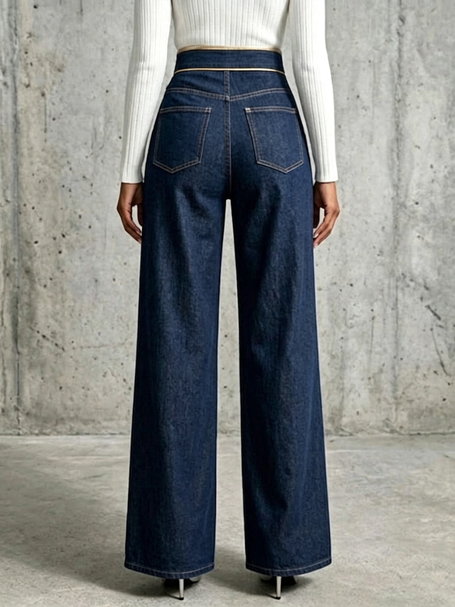 Back of the dark blue wide leg pants with patch pockets and full-length leg