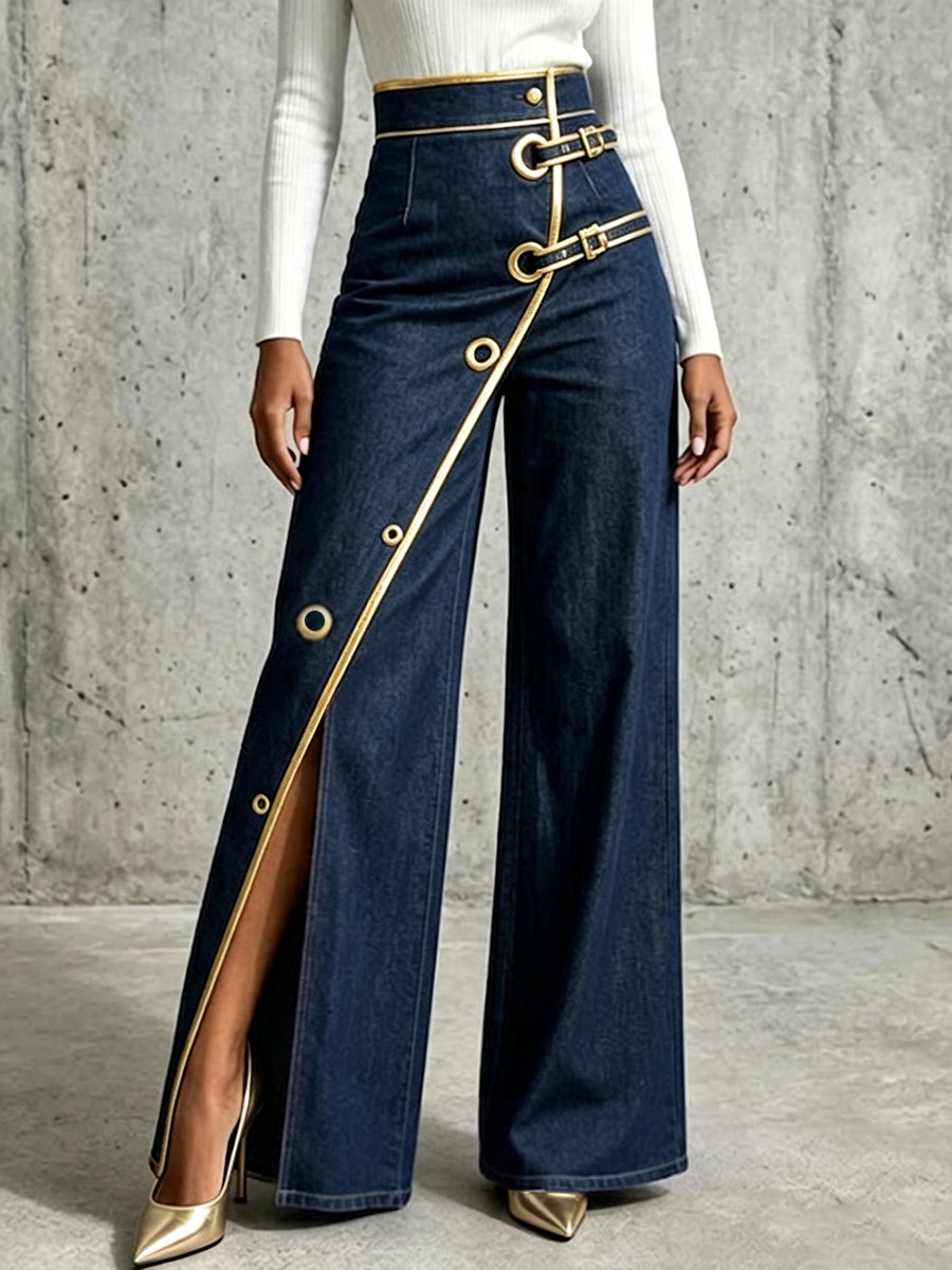 Women's wide leg pants in dark blue with gold piping, buckle straps and front slit