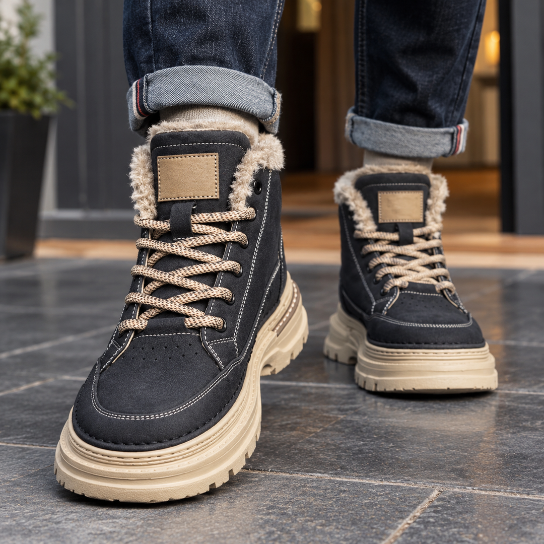 Women's winter boots in black, fleece lined lace up sneaker style with jeans