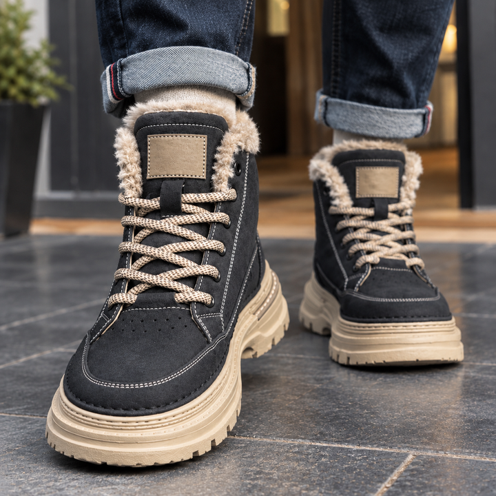 Black lace up winter boots with teddy collar on a city street