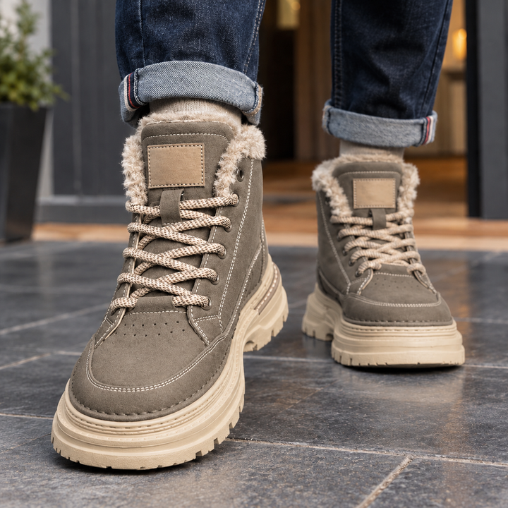 Khaki fleece lined lace up boots with chunky sole