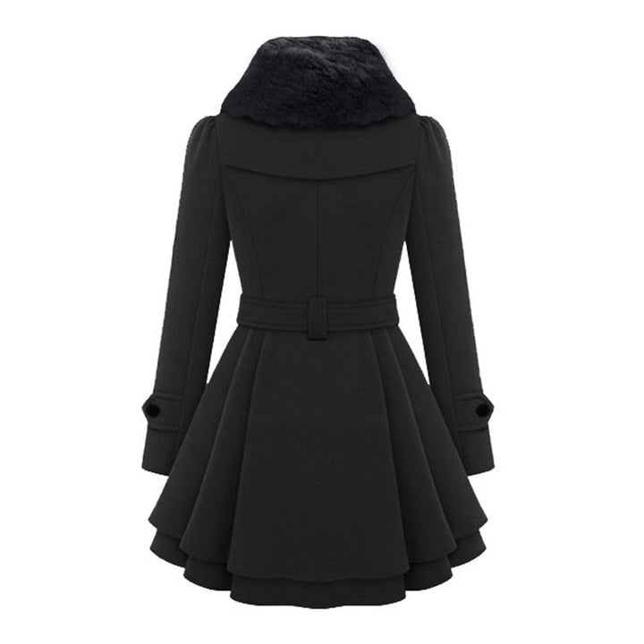 Back view of the black coat with fur collar and flared skirt