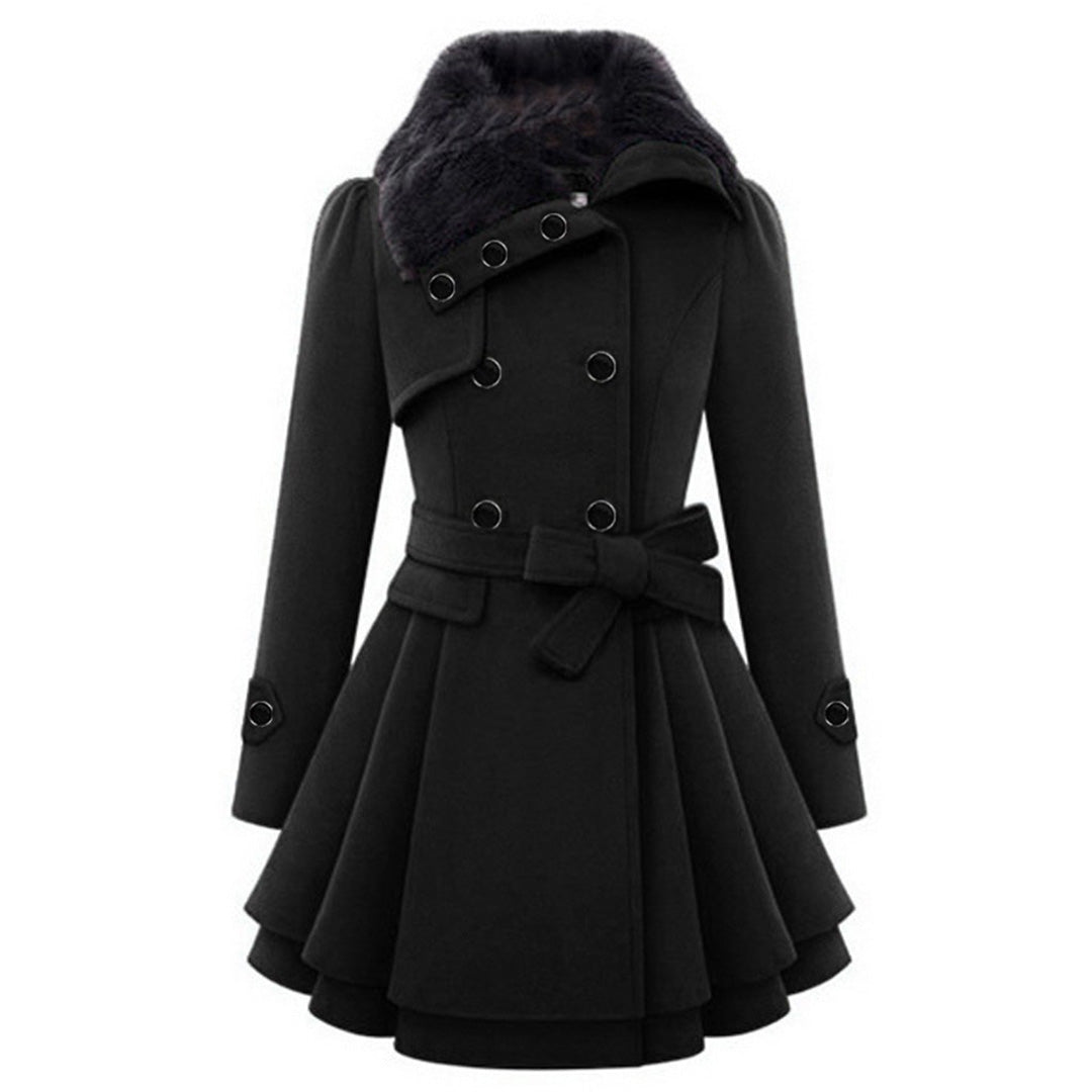 Black double breasted coat with bow belt and layered peplum hem