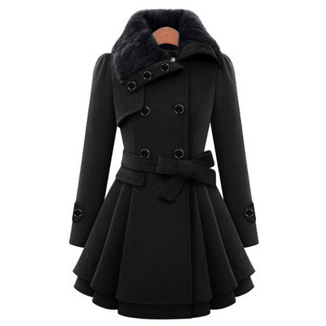 Black belted peplum coat with fur collar and bow tie waist, front view