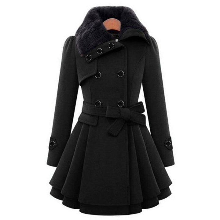 Black belted peplum coat with fur collar and bow tie waist, front view