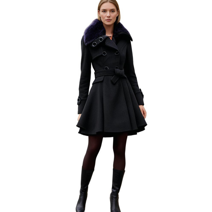 Model wearing the black belted coat with tights and boots