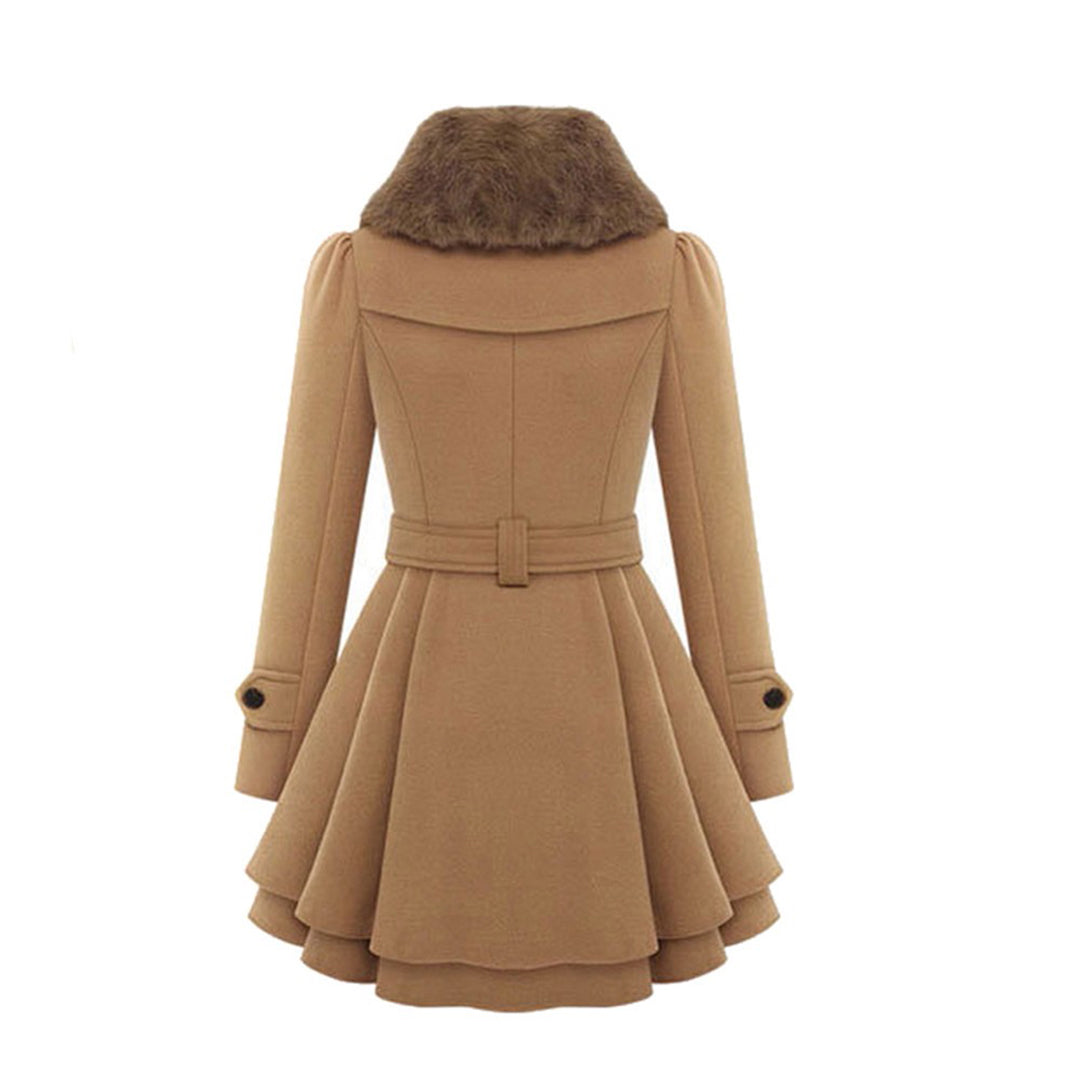 Back view of the camel peplum coat showing the fur collar and belt